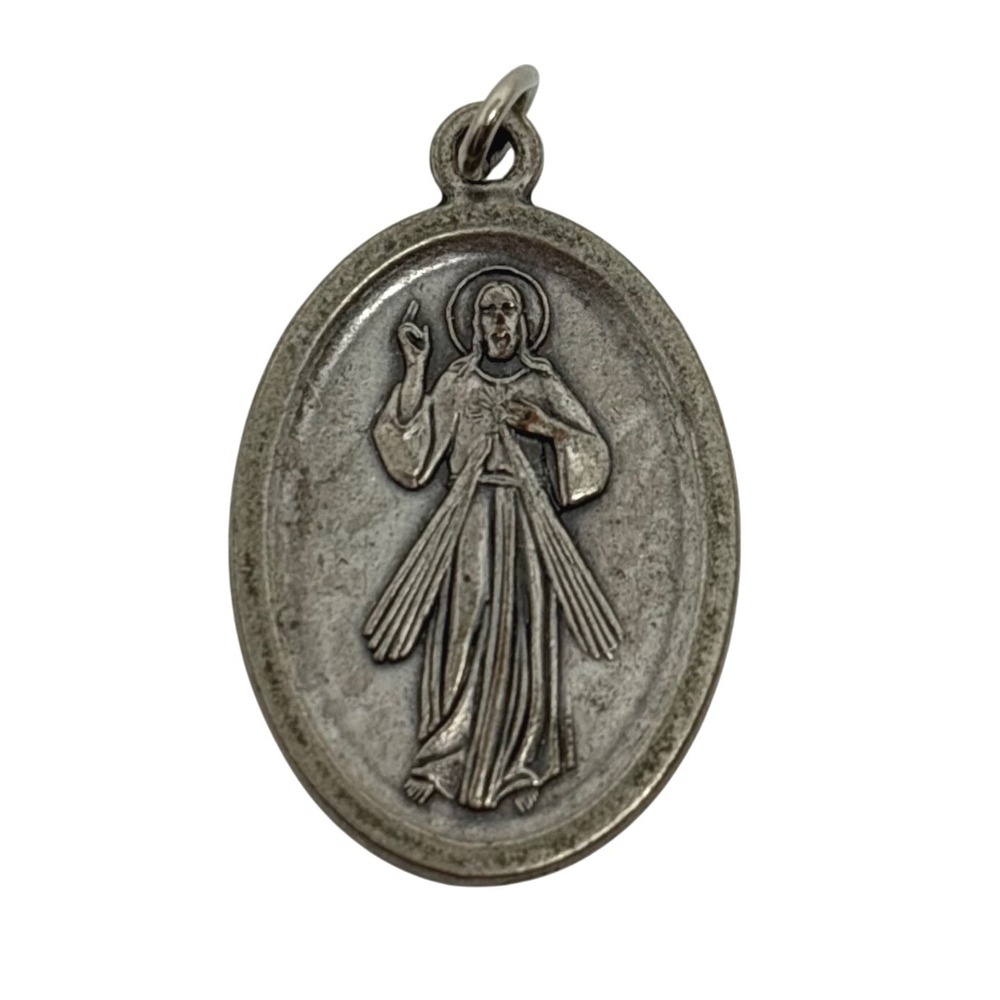 Divine Mercy Jesus I Trust in You Religious Medal Pendant Italy Silver Tone 1"